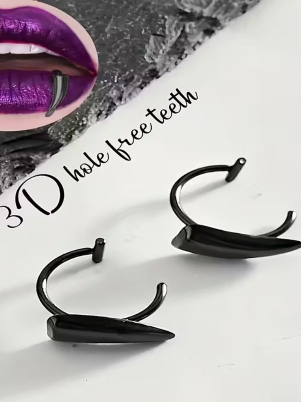 Black 3D Hole Free Vampire Fangs Lip Rings - Women Accessories